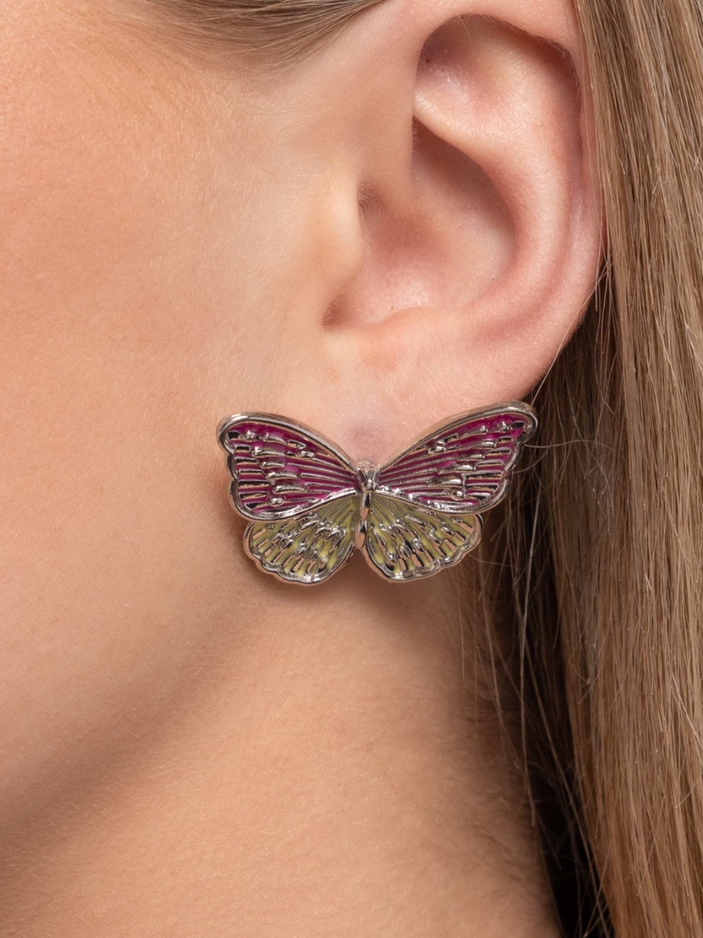 Delicate Butterfly Stud Earrings in Pink and Yellow